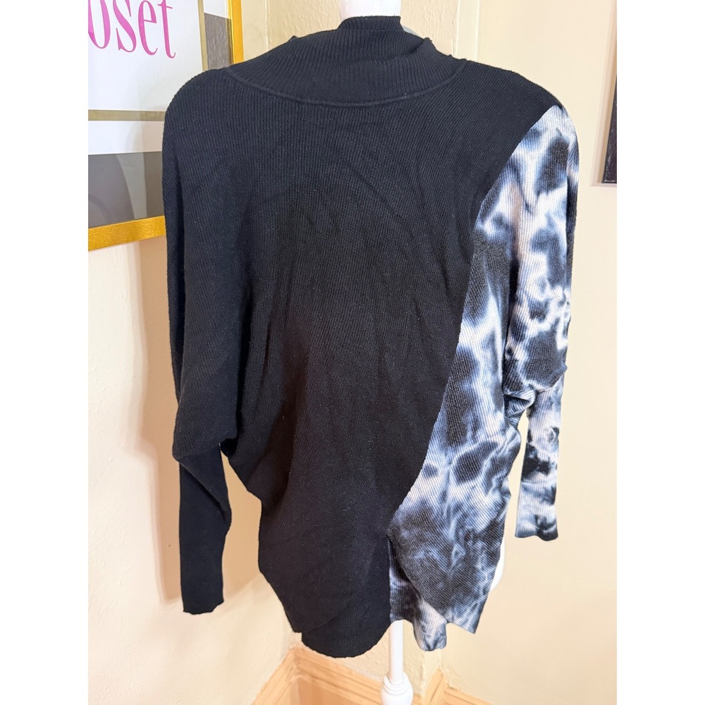 Elan Womens Small Tie Dye Colorblock Mock Neck Dolman Sleeve Sweater Black Blue